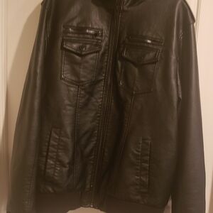 Guess Men's Faux Leather Jacket Large Black Zip Up 7 Pockets PO#W63891